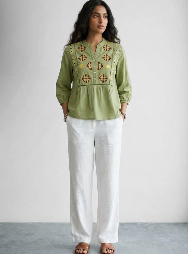 COLOUR ME BY MELANGE Embroidered Band Collar Top