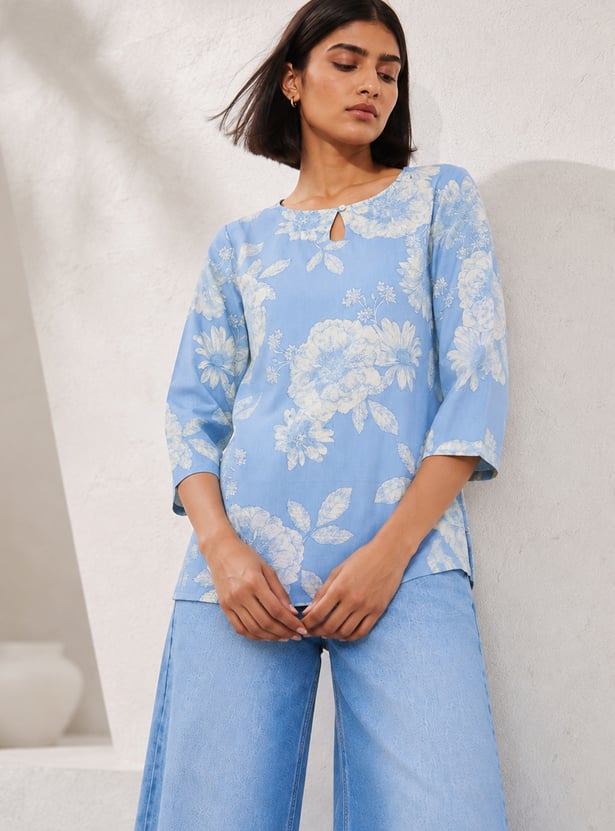 MELANGE Floral Print Keyhole Neck Kurti
