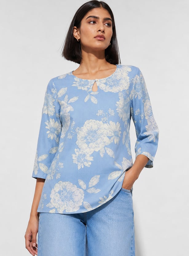 MELANGE Floral Print Keyhole Neck Kurti