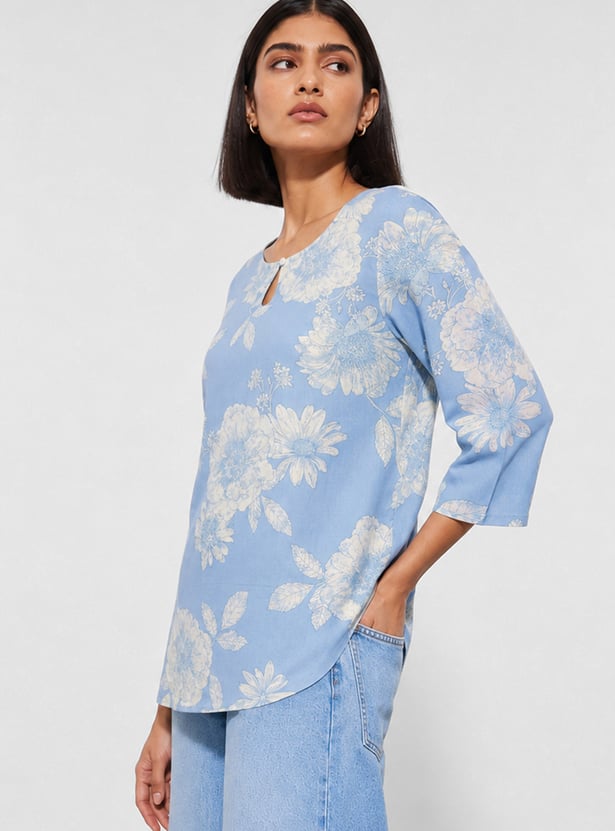 MELANGE Floral Print Keyhole Neck Kurti