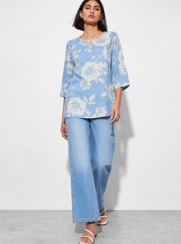 MELANGE Floral Print Keyhole Neck Kurti
