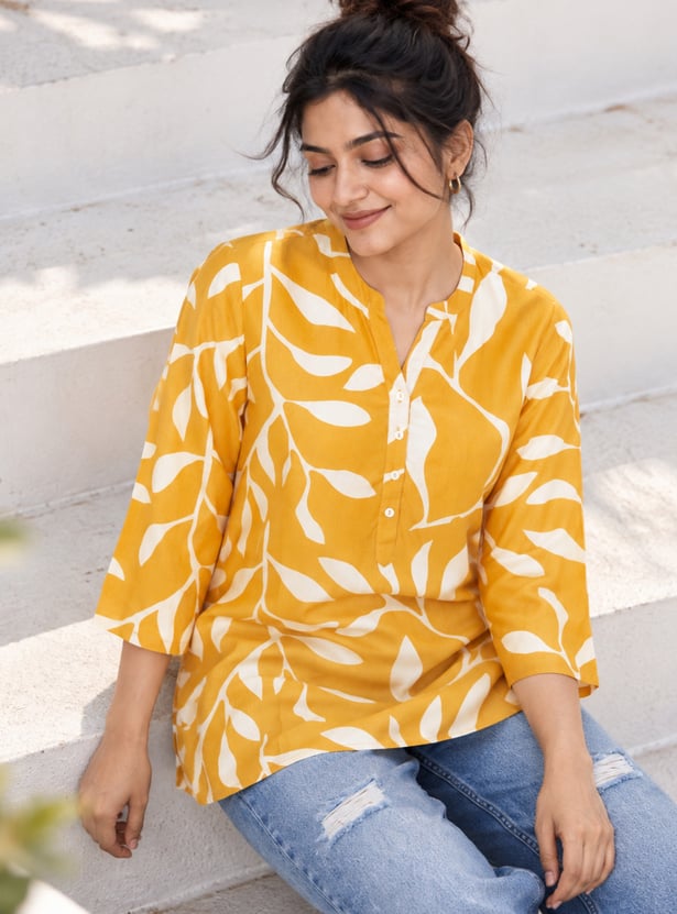 MELANGE Printed Band Collar Straight Kurti