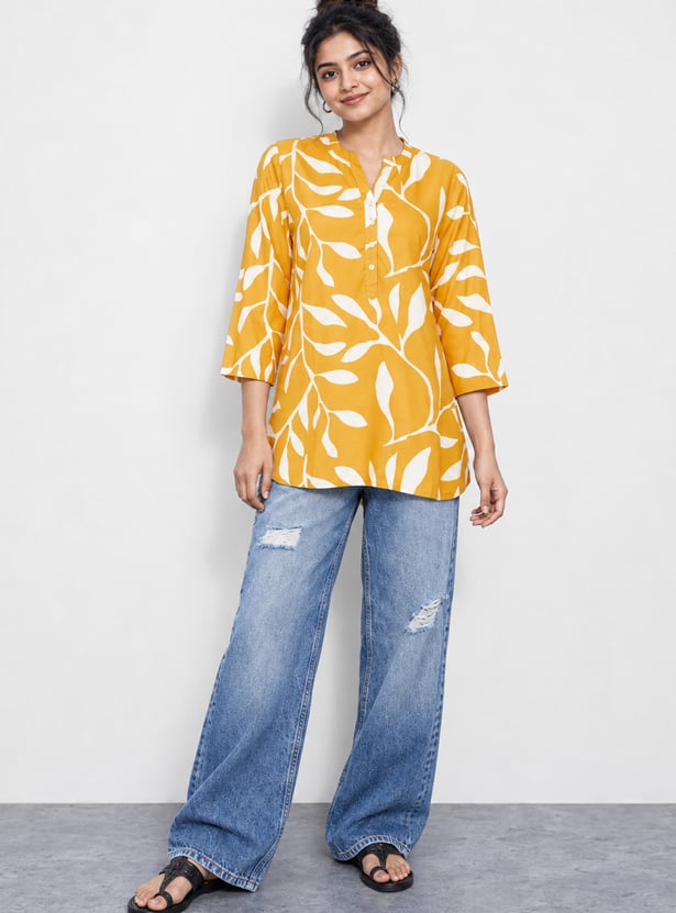 MELANGE Printed Band Collar Straight Kurti