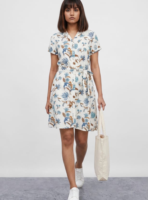 COLOUR ME BY MELANGE Floral Print Shirt Dress with Belt