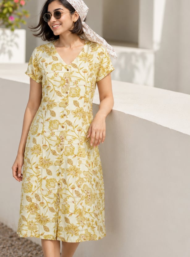 COLOUR ME Floral Print A-line Midi Dress