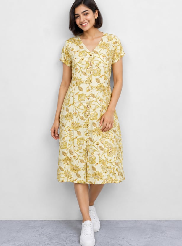 COLOUR ME Floral Print A-line Midi Dress