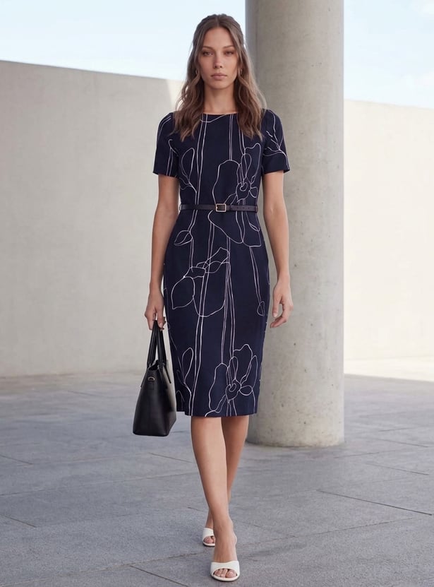 CODE CLASSIC Floral Print Sheath Dress with Belt