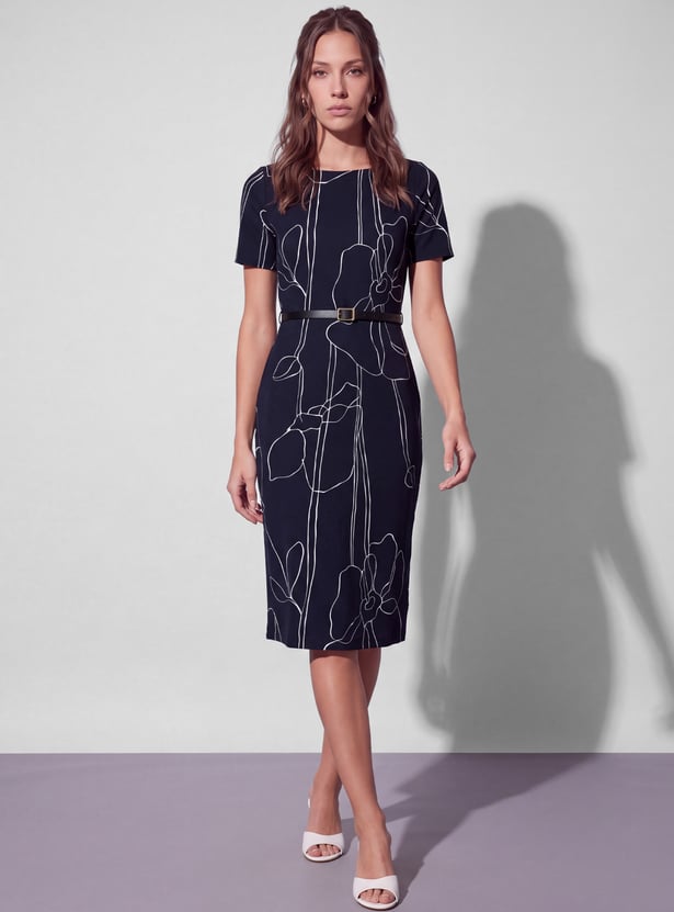 CODE CLASSIC Floral Print Sheath Dress with Belt