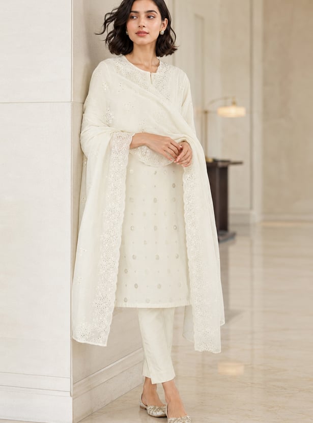 MELANGE Schiffli Embroidered Dupatta