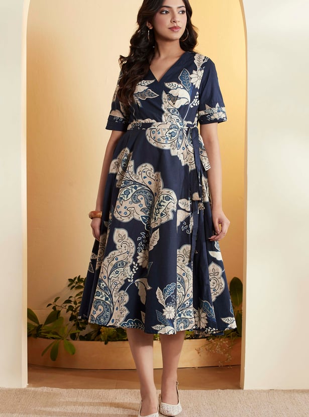 BIBA Paisley Print V-Neck Wrap Dress