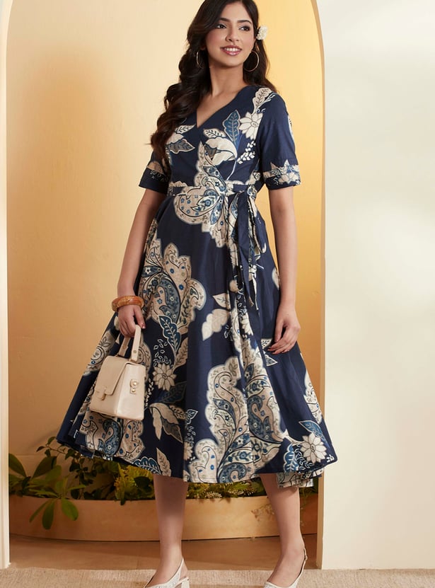 BIBA Paisley Print V-Neck Wrap Dress