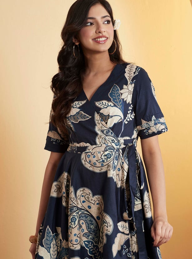 BIBA Paisley Print V-Neck Wrap Dress