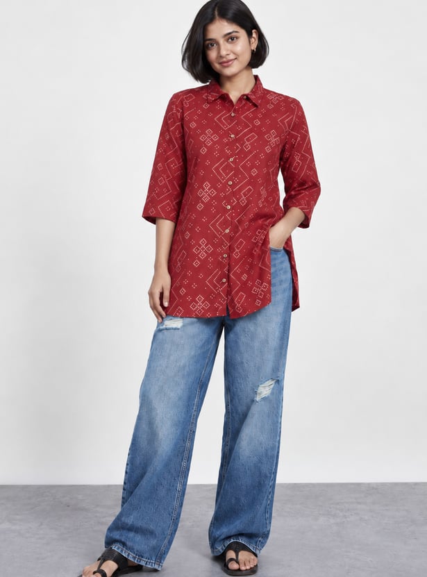 MELANGE Bandhani Print Shirt Style Straight Kurti