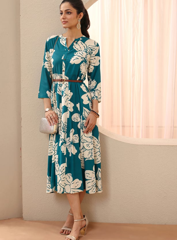 LIBAS Floral Print A-Line Midi Dress with Belt