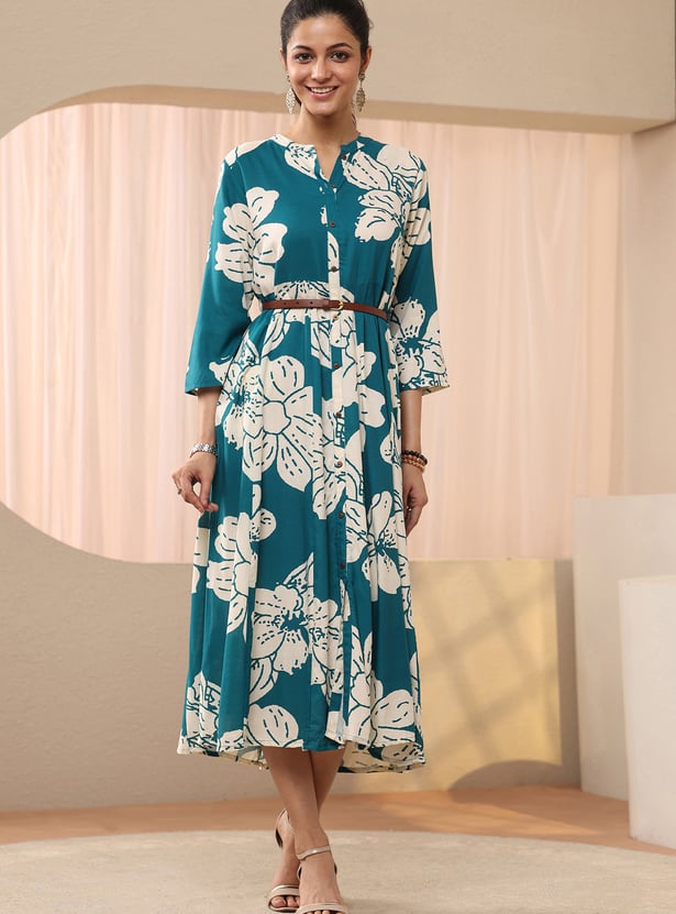 LIBAS Floral Print A-Line Midi Dress with Belt