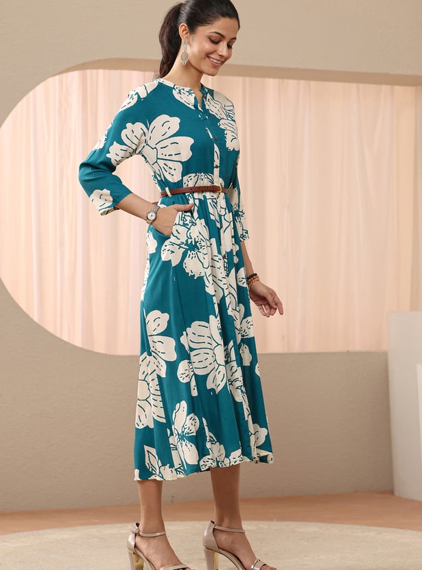 LIBAS Floral Print A-Line Midi Dress with Belt