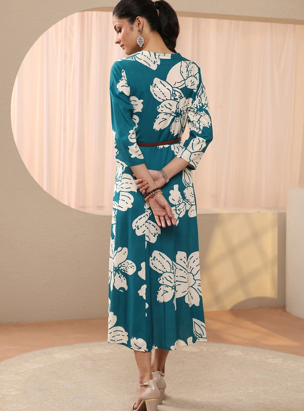 LIBAS Floral Print A-Line Midi Dress with Belt