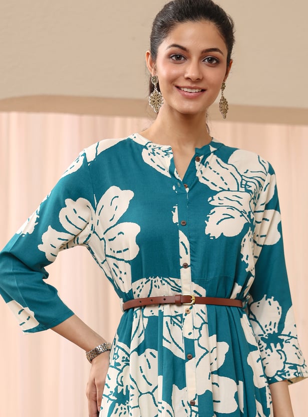 LIBAS Floral Print A-Line Midi Dress with Belt