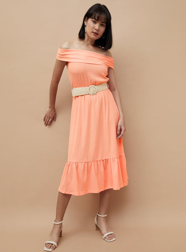 CODE Women Textured Off-Shoulder Belted Dress