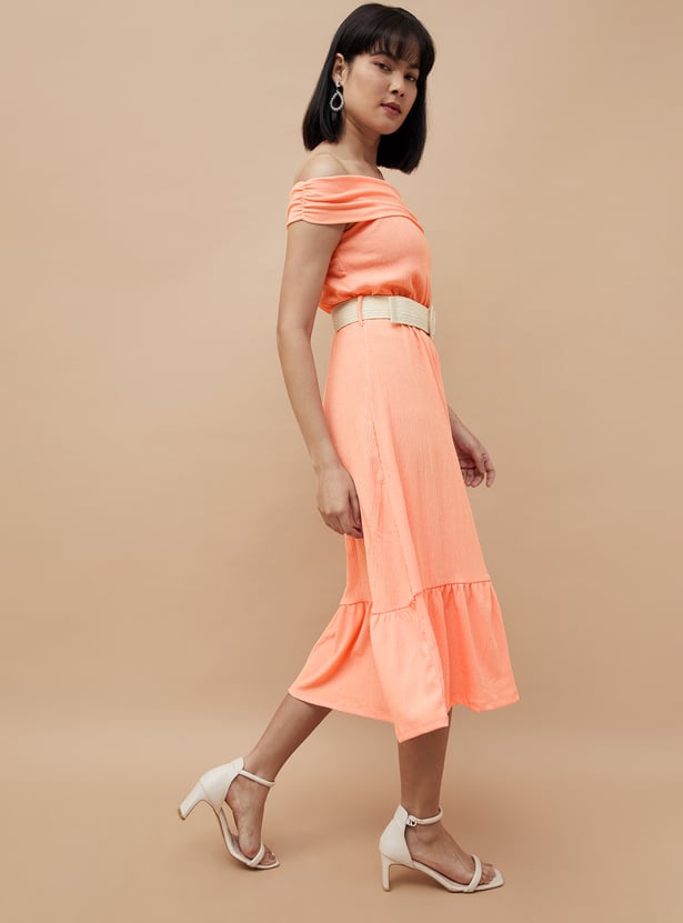 CODE Women Textured Off-Shoulder Belted Dress
