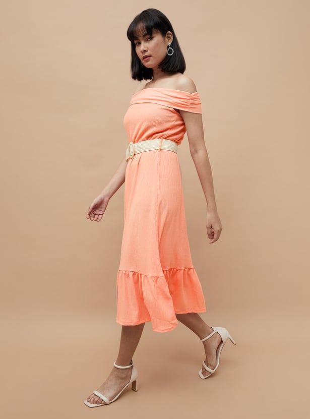 CODE Women Textured Off-Shoulder Belted Dress