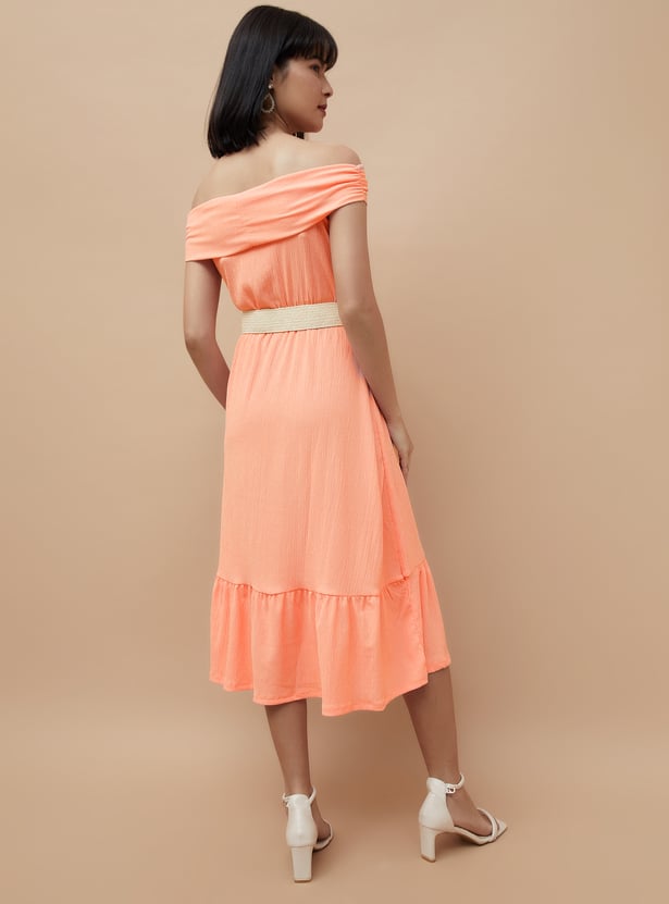 CODE Women Textured Off-Shoulder Belted Dress