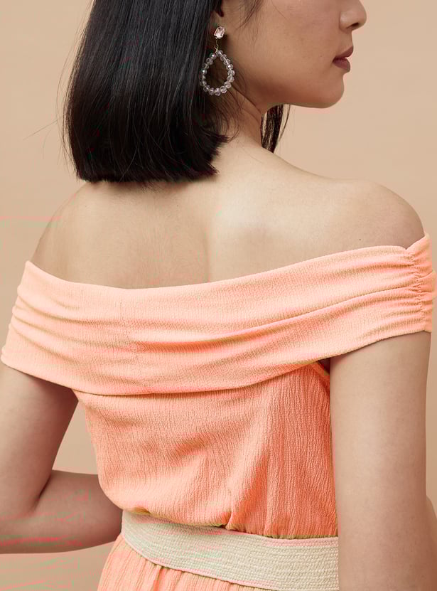 CODE Women Textured Off-Shoulder Belted Dress
