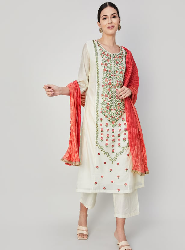 MELANGE Women Floral Embroidered Straight Kurta Set