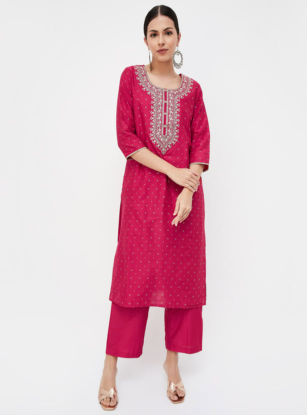 MELANGE Women Embroidered Straight Kurta Set