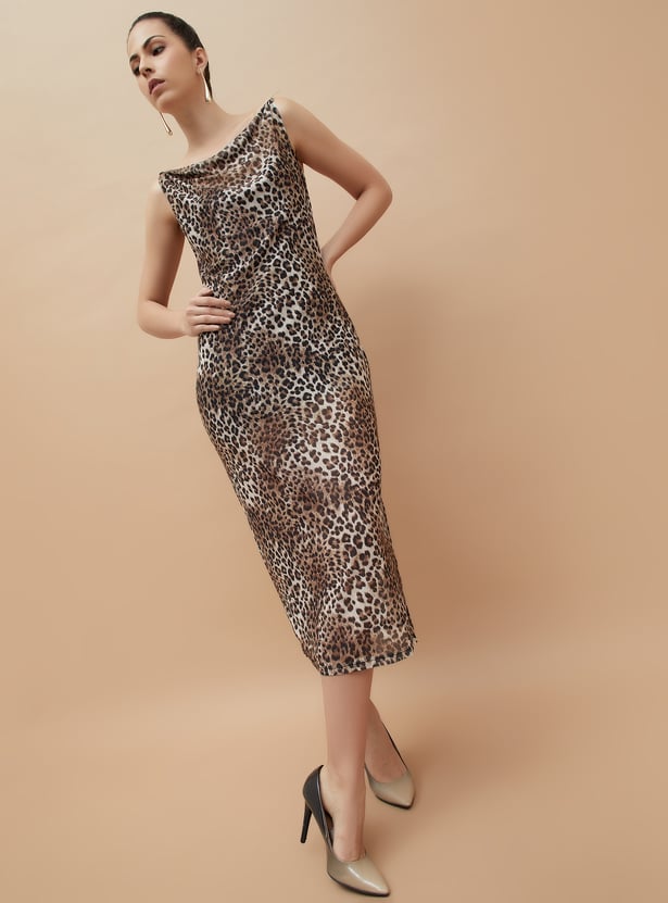 CODE Leopard Print Cowl Neck Sheath Dress