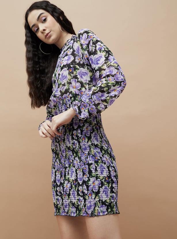 GINGER Floral Print Ruched Bodycon Dress