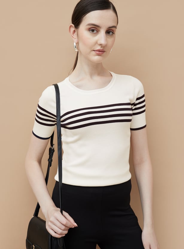 DIY Striped Knit Top With Black Pom Poms UPF 50 Plus Protection Autumn Ready For Women main image 1