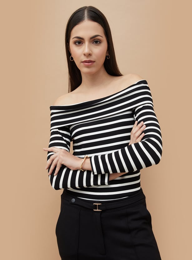 CODE Striped Off-Shoulder Top