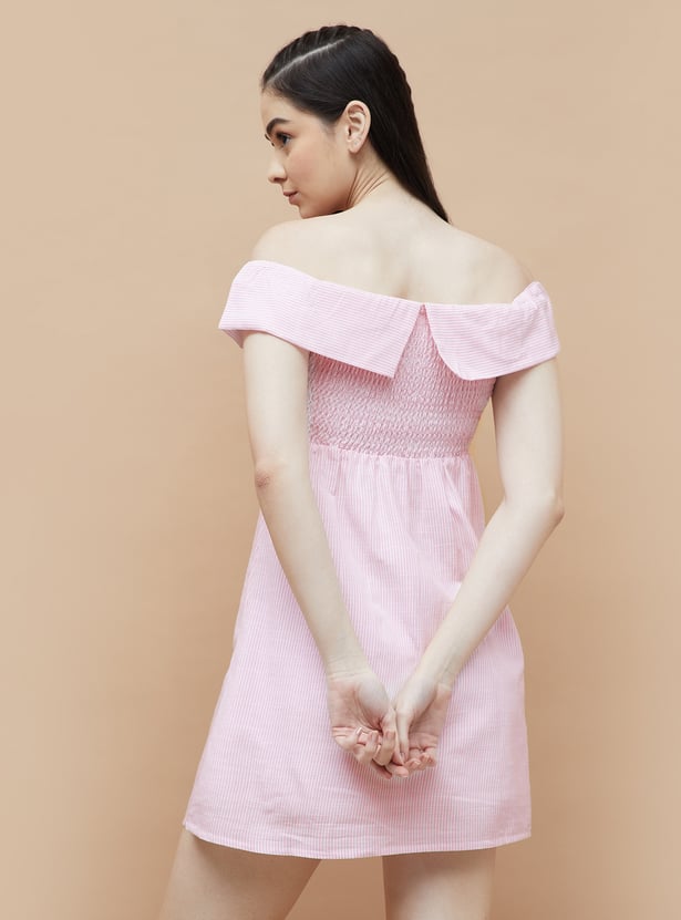 GINGER Striped Off-Shoulder Fit and Flare Dress