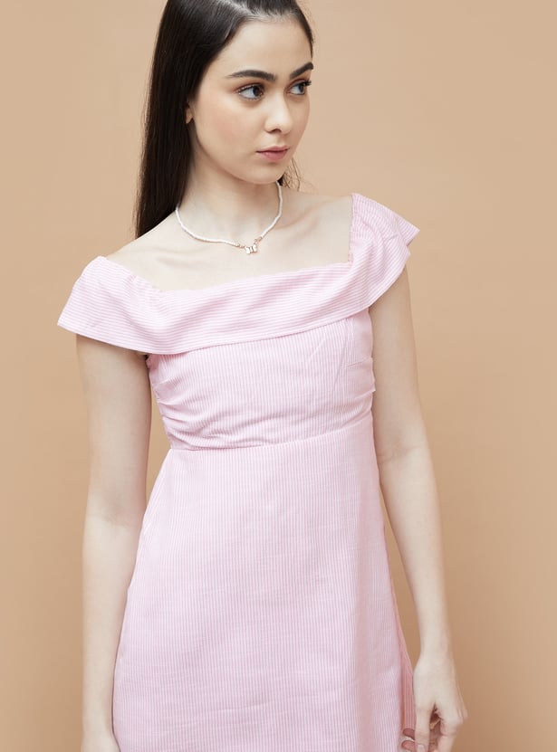 GINGER Striped Off-Shoulder Fit and Flare Dress