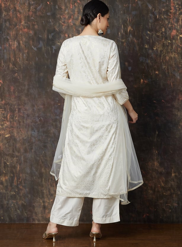 Off-White Foil Print Panelled Kurta