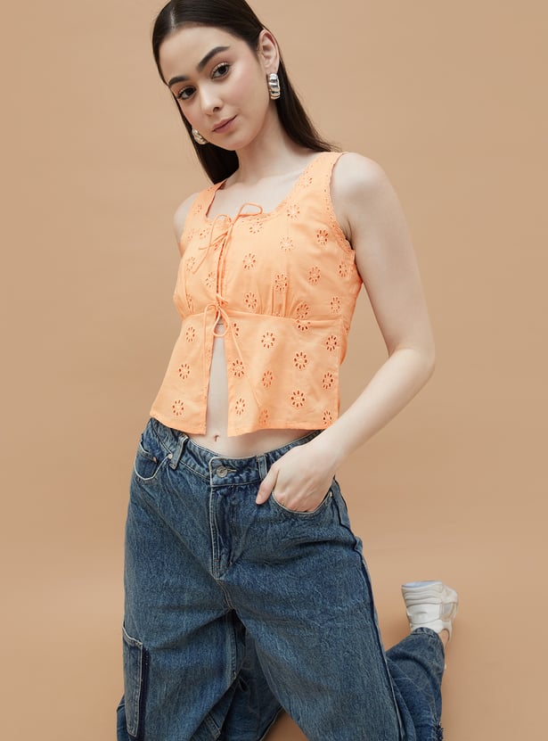 GINGER Schiffli Embroidered Tie-Up Crop Top