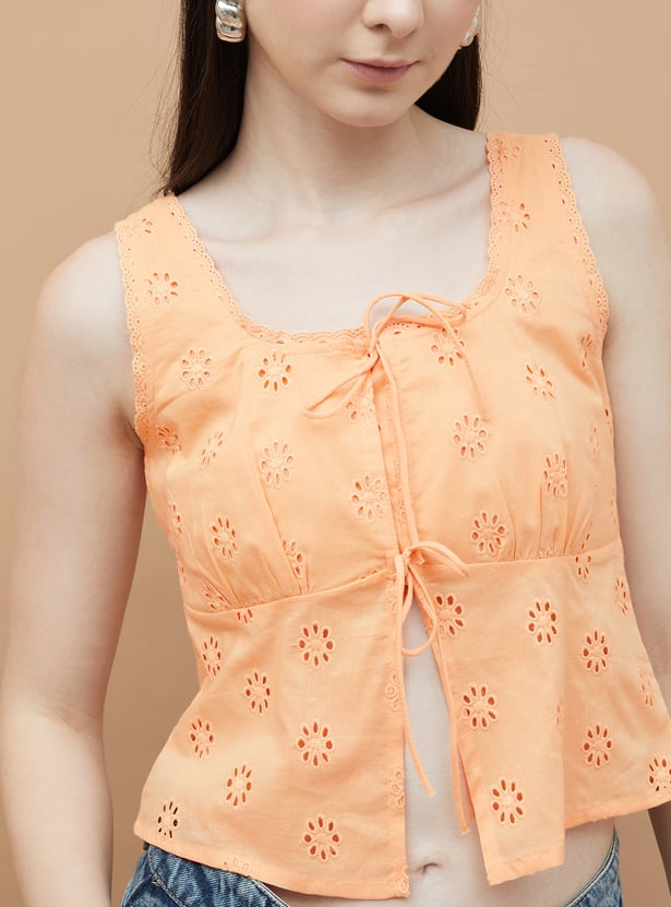 GINGER Schiffli Embroidered Tie-Up Crop Top