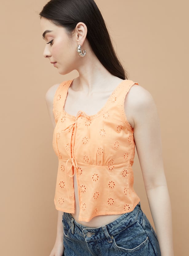 GINGER Schiffli Embroidered Tie-Up Crop Top