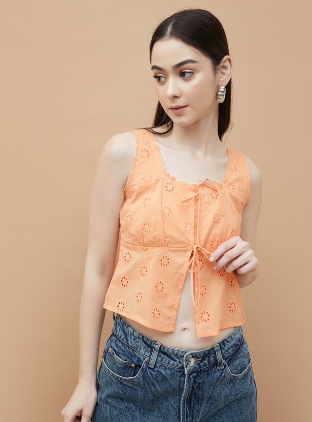 GINGER Schiffli Embroidered Tie-Up Crop Top