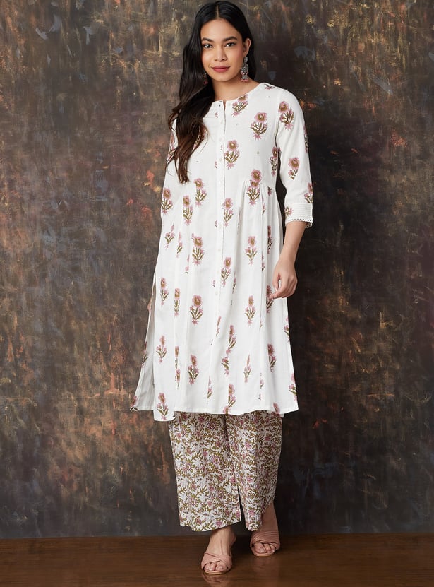 Campana Girls Mira A-Line Kurta - Neon Floral Print - Sage Green & Peach
