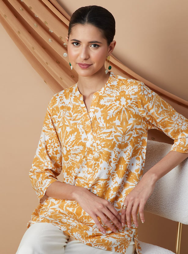 Kurti -125 - floral printed cotton kurti in mustard yellow