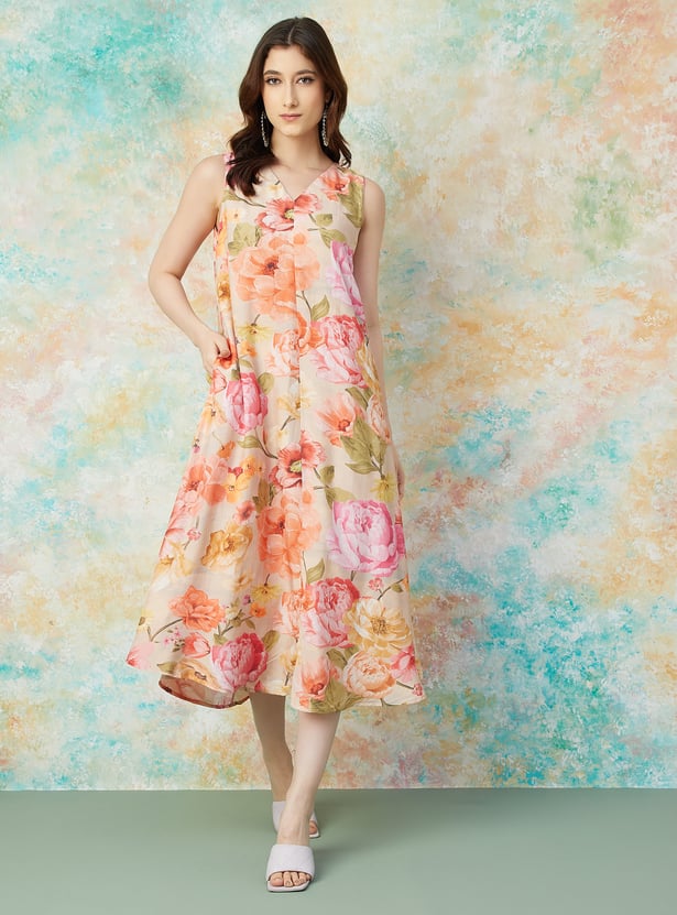 MELANGE Floral Print A-Line Dress