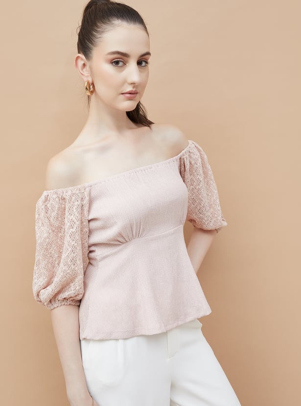 Buy CODE Smocked Off-Shoulder Peplum Top from CODE at just INR
