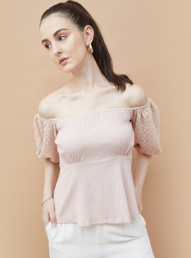 Buy CODE Smocked Off-Shoulder Peplum Top from CODE at just INR