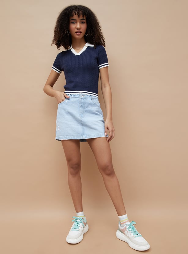 Buy GINGER Washed Mini Denim Skirts from Ginger at just INR