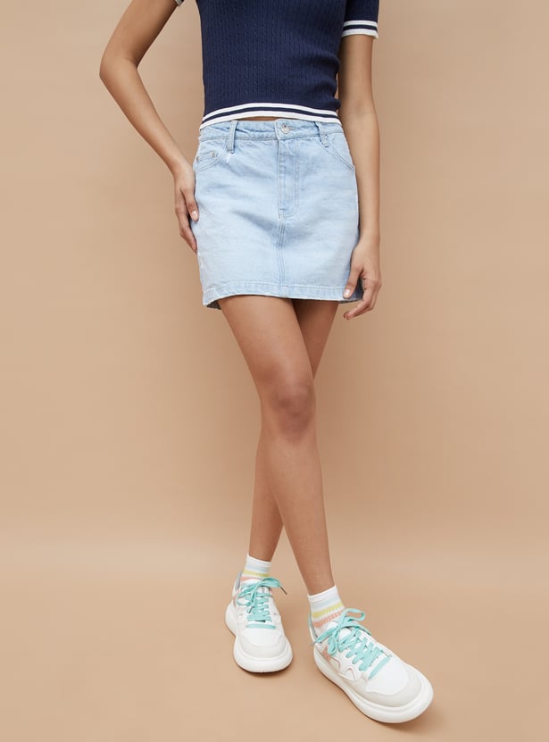 Buy GINGER Washed Mini Denim Skirts from Ginger at just INR 1299.0