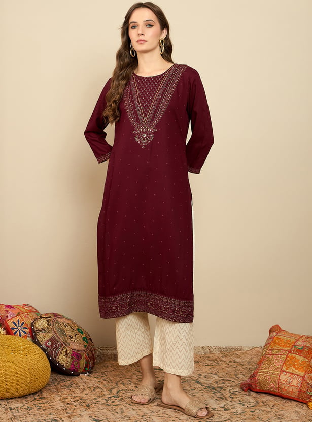 Indo Era Maroon Polka Dots Cotton Straight Kurtas