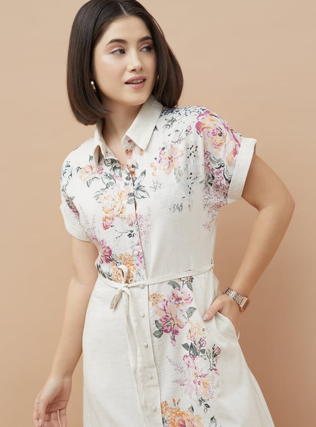 City Goddess Floral Print Shirt Dress - Beige