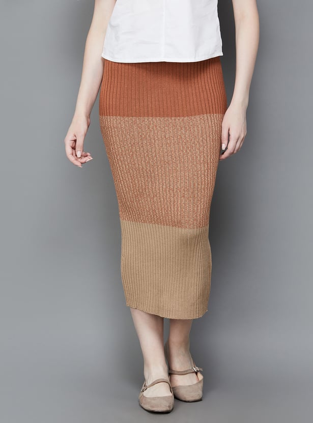 VERO MODA Colourblocked Rib-Knit Pencil Skirt